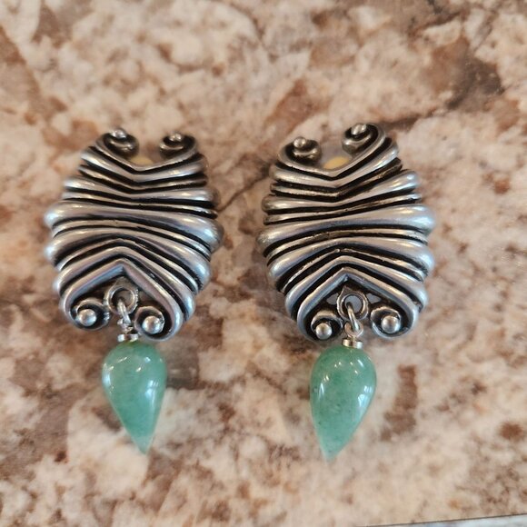 Vintage BOHO & Drop Jade Clip-On Earrings 2" Long - Picture 1 of 2